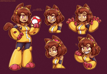 anthro armor boots breasts brown_hair clothing eyewear eyewear_on_head female footwear fungus fur gauntlets gloves goggles goggles_on_head hair handwear looking_at_viewer mushroom one_fang open_mouth orange_outline outline red_background red_eyes shoes simple_background solo suit super_mushroom tail tan_body tan_fur teeth text whiskers yellow_clothing yellow_eyewear yellow_goggles yellow_suit unnotablejulz gameoverse glitch_productions mario_bros nintendo kit_bodega domestic_cat felid feline felis mammal 2026 artist_name dated english_text hi_res