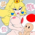 big_breasts bodily_fluids breasts dialogue female genital_fluids larger_female nipples not_furry nude size_difference text vaginal_fluids lyn_nyl mario_bros nintendo princess_peach human mammal toad_(mario) 1:1 english_text hi_res