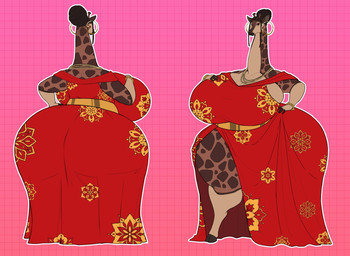 anthro big_breasts big_butt bracelet breasts brown_body brown_eyes brown_hair butt cleavage clothed clothed_anthro clothed_female clothing cloven_hooves dreadlocks dress ear_piercing ear_ring eyelashes female female_anthro front_view hair hand_on_hip hand_on_own_breast hand_on_own_hip hoop_ear_ring hooves horn huge_breasts huge_butt huge_hips huge_thighs hyper jewelry long_neck looking_at_viewer necklace ossicone piercing rear_view ring_piercing solo tail tan_body thick_thighs unguligrade vein veiny_breasts wide_hips vintagart imani_(noeticred) giraffe giraffid mammal hi_res model_sheet