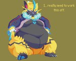 anthro belly belly_rolls big_belly big_butt butt clothing fat_rolls fur hair huge_belly love_handles male obese obese_anthro overweight overweight_anthro solo text yellow_body yellow_fur enkah nintendo pokemon felid generation_7_pokemon legendary_pokemon mammal pokemon_(species) zeraora 5:4 digital_media_(artwork) english_text hi_res pixel_(artwork)