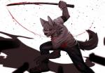 anthro blood bodily_fluids claws clothed clothing fur male melee_weapon solo sword weapon luwei_(artist) canid canine canis mammal wolf 2018 spot_color