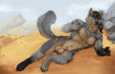 animal_genitalia anthro athletic athletic_anthro athletic_male balls black_body black_fur black_hair blue_eyes detailed_background fully_sheathed fur genitals grey_body grey_fur hair looking_at_viewer lying male male_anthro markings nude nude_anthro nude_male on_side open_mouth open_smile outside pecs ponytail sheath smile solo spots spotted_body spotted_fur tail tan_body tan_fur teeth tongue whisker_spots i-psilone mythology kalenden canid canine mammal mythological_canine mythological_creature werecanid werecanine werecreature werewolf 2020