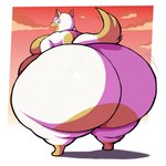 anthro belly big_belly big_breasts big_butt biped breasts butt female fur huge_butt hyper hyper_butt looking_back nude rear_view simple_background smile solo thick_thighs white_body white_fur wide_hips yellow_body yellow_fur atsuineko adventure_time cartoon_network cake_the_cat domestic_cat felid feline felis mammal 1:1 2022 absurd_res digital_media_(artwork) hi_res