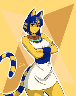 anthro black_eyes blonde_hair blue_body blue_fur blue_hair bottomwear clothing crossed_arms ears_up eyebrows eyelashes female fur hair long_tail looking_at_viewer skirt solo tail yellow_body yellow_fur chisheq animal_crossing nintendo ankha_(animal_crossing) domestic_cat felid feline felis mammal 4:5 hi_res