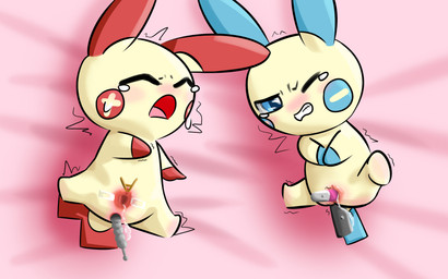 anal anus blush bodily_fluids duo female genitals sex_toy tears vulva olihai nintendo pokemon generation_3_pokemon minun plusle pokemon_(species) 16:10 hi_res widescreen