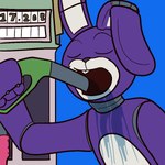 ambiguous_gender blue_background drinking eyebrows eyes_closed fuel gas_pump gasoline machine open_mouth purple_body simple_background solo wet crisis-omega five_nights_at_freddy's scottgames bonnie_(fnaf) animatronic lagomorph leporid mammal rabbit robot 1:1 2016