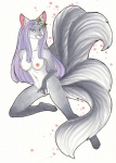 anthro blue_eyes breasts female flower genitals hair heart_symbol jewelry leaf long_hair looking_at_viewer makeup multi_tail nipples nude plant purple_hair pussy simple_background solo tail white_background calolily canid canine fox mammal hi_res