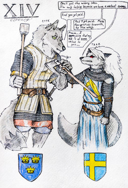 angry anthro axe dialogue duo female hammer ireland irish knight male male/female medieval simple_background speech_bubble sweden text tools viking warhammer warrior white_background xiv_century anxiousboar hellaverse helluva_boss mythology loona_(helluva_boss) woodside canid canid_demon canine canis demon hellhound mammal mythological_canine mythological_creature werecanid werecanine werecreature werewolf wolf absurd_res english_text hi_res painting_(artwork) traditional_media_(artwork) watercolor_(artwork)