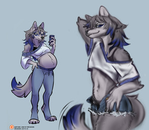 anthro biped bottomwear clothing denim denim_bottomwear denim_clothing denim_shorts female holding_object leggings legwear looking_at_object looking_at_viewer pregnant pregnant_anthro pregnant_female shorts simple_background solo text three-quarter_view errokioslem canid canine canis mammal wolf digital_media_(artwork) full-length_portrait hi_res portrait three-quarter_portrait url
