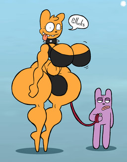 anthro big_breasts big_bulge bottom_heavy breasts bulge clothing collar crop_top curvy_figure derp_eyes dialogue duo eyelashes femboy fur gynomorph half-closed_eyes head_tuft intersex leash leashed_collar logo male narrowed_eyes navel on_model orange_body orange_fur purple_body purple_fur shirt size_difference speech_bubble spherical_breasts spiked_collar spikes text thick_thighs thong tongue tongue_out topwear tuft underwear wide_hips thatdawgmurray aardman_animations rex_the_runt rex_(rex_the_runt) vince_(rex_the_runt) canid canine canis domestic_dog mammal aliasing artist_logo artist_name digital_media_(artwork) hi_res signature