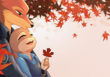 4_fingers anthro anthro_on_anthro autumn clothed clothing duo eyes_closed female fingers fur green_eyes grey_body grey_fur leaf male male/female multicolored_body multicolored_fur orange_body orange_fur police police_uniform tan_body tan_fur teeth tongue uniform pangolenz disney zootopia judy_hopps nick_wilde canid canine european_rabbit fox lagomorph leporid mammal oryctolagus rabbit red_fox true_fox hi_res