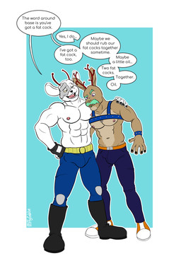 abs antennae_(anatomy) anthro antlers barbell_piercing biker_boots black_nails boots bottomwear bulge chin_piercing clothing colored_nails denim denim_bottomwear denim_clothing duo erection erection_under_clothing erection_under_pants eyebrow_piercing eyebrows facial_hair facial_piercing footwear half_mask harness horn jeans looking_at_another looking_confused male male/male muscular muscular_male mustache nails nipple_barbell nipple_piercing nipples pants pecs piercing propositioning purple_eyes raised_eyebrow sexual_harassment shoes text unnatural_colors unprofessional_behavior spiffygreen biker_mice_from_mars converse vinnie_(bmfm) alien cottontail_rabbit desert_cottontail_rabbit jackalope lagomorph leporid mammal martian mouse murid murine rabbit rodent absurd_res english_text hi_res