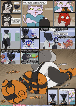 ankle_cuffs anthro asylum blindfold blush booties cuff_(restraint) diaper doctor female gag group hand_puppet hood hospital male male/female medical puppet restraints straitjacket text trio the_padded_room alexandra_ashuran charlotte_cartwright esmeralda_kingsley bat felid feline mammal procyonid raccoon absurd_res comic english_text hi_res