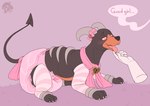 accessory black_body black_fur blush blush_lines bow_ribbon clothed clothing dialogue diaper disembodied_hand duo female feral fur furgonomics good_girl hand_on_chin horn horn_jewelry hypnosis jewelry legwear lock mind_control open_mouth orange_body orange_fur pattern_clothing pink_clothing pink_diaper pink_legwear pink_scarf pink_thigh_highs purple_background ribbons ringed_eyes scarf simple_background solo_focus spade_tail speech_bubble striped_clothing stripes tail tail_accessory tail_bow tail_ribbon text thigh_highs wearing_diaper bubblepuppers nintendo pokemon yuukari generation_2_pokemon houndoom pokemon_(species) 2021 archived_source english_text hi_res watermark