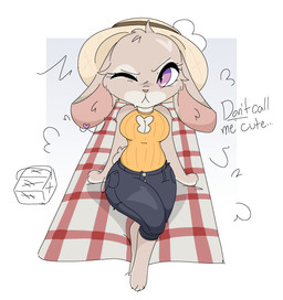 annoyed anthro basket cleavage_cutout clothed clothing container cutout dialogue female hat headgear headwear paws picnic_basket picnic_blanket rabbit_ears solo sun_hat text guzzlord420 disney zootopia judy_hopps european_rabbit lagomorph leporid mammal oryctolagus rabbit absurd_res english_text hi_res