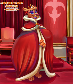 anthro banner barefoot bedroom_eyes cape chair clothing crown dialogue eyeshadow feet female furniture headgear lipstick looking_at_viewer makeup narrowed_eyes queen royalty seductive solo text throne throne_room isolatedartest patacon el_arca queen_oriana felid lion mammal pantherine english_text hi_res painting_(artwork)