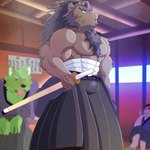 abs anthro brown_body brown_fur fur hair katana kendo male melee_weapon muscular muscular_anthro pecs ponytail shirtless sword weapon seiga_oekakicho lifewonders live_a_hero toshu felid lion mammal pantherine 1:1 hi_res