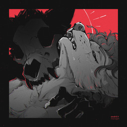 ambiguous_gender anthro bite black_body black_fur blush blush_lines bodily_fluids bone cheek_tuft claws clothed clothing dangerous dominant duo facial_tuft fur grey_body grey_fur hair inner_ear_fluff intimate male neck_bite open_mouth red_background simple_background skull skull_head submissive submissive_male sweat topless tuft andre_moraph andre_moraph_(character) canid canine canis mammal skulldog_(species) wolf 1:1 2025 absurd_res digital_drawing_(artwork) digital_media_(artwork) greyscale hi_res monochrome portrait shaded signature watermark
