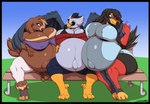 anthro beak belly bench big_belly big_breasts black_body black_feathers black_hair bottomwear breasts brown_body brown_feathers brown_hair cellphone clothing electronics feathered_wings feathers female group hair huge_breasts multiple_pregnancies navel nipple_outline non-mammal_breasts outie_navel phone pregnant sitting thick_thighs topwear trio wings deonwolf dart_(nuttynut93) karhen_(enigma_dragan) reesha_(enigma_dragan) avian bird falcon falconid toucan 2025 digital_media_(artwork)