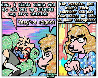 aloha_shirt anthro blonde_hair clothing dialogue duo eyewear female flip_flops floppy_ears footwear fur glasses hair half-closed_eyes humor male narrowed_eyes pattern_clothing pattern_shirt pattern_topwear sandals shirt shoes socks socks_with_sandals speech_bubble tan_body tan_fur text therapist topwear wide_eyed yellow_body yellow_fur rawdawgcomics stahli_(rawdawgcomics) bird_dog canid canine canis domestic_dog golden_retriever hunting_dog mammal retriever 5:4 comic english_text