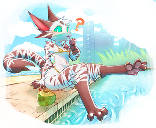 anthro arm_support bikini biped bodily_fluids brown_markings brown_stripes cheek_tuft chest_tuft claws clothed clothing coconut crossdressing day digitigrade dipstick_tail drinking_straw drupe_(fruit) eyebrows facial_tuft femboy food fruit fur gold_bikini green_sclera holding_object leg_markings looking_at_viewer male markings navel outside pawpads plant poolside public question_mark socks_(marking) solo striped_markings striped_tail stripes sweat swimming_pool swimwear tail tail_markings toe_claws tuft two-piece_swimsuit white_body white_fur galo golden_week galo_(character) domestic_cat felid feline felis mammal 2026 absurd_res hi_res