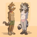 anthro bandage boxer_briefs breasts bulge claws clothed clothing collar duo erection female fuzzy green_clothing green_underwear hair looking_at_another male male/female navel nipples panties pink_clothing pink_underwear shy standing tenting topless underwear underwear_only tinydeerguy matt_riskely riley_(tinydeerguy) canid canine mammal procyonid raccoon hi_res