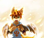 anthro arm_tuft blue_cape blue_clothing brown_body brown_fur cape clothed clothing elbow_tuft front_view fur glistening glistening_eyes hair looking_at_viewer male open_mouth open_smile orange_hair simple_background smile solo tan_body tan_fur tuft wings yellow_eyes kuttoyaki kutto half-length_portrait portrait