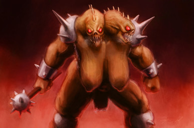 2_heads anterior_nasal_aperture areola bottomwear bracelet breasts brown_areola brown_body brown_nipples clothing exposed_breasts female gradient_background hanging_breasts holding_object holding_weapon jewelry knee_pads loincloth looking_at_viewer mace melee_weapon multi_head nipples red_background red_eyes sagging_breasts sharp_teeth shoulder_pads simple_background solo spiked_bracelet spiked_knee_pads spiked_shoulder_pads spikes spines standing teeth vein veiny_breasts weapon rayoutofspace hexen raven_software ettin ettin_(hexen) humanoid monster monstrous_humanoid 2024 absurd_res hi_res