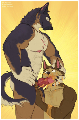 abs anthro anthro_on_anthro anthro_penetrated anthro_penetrating anthro_penetrating_anthro aroused aroused_by_another aroused_face aroused_male aroused_smile ball_fondling ball_grab balls barazoku biceps big_muscles big_pecs black_body black_fur bodily_fluids border brown_body brown_eyes brown_fur chest_scar claws dominant dominant_anthro dominant_male domination/submission drinking drinking_urine duo erection eyebrows eyes_closed fellatio fondling fur genital_fluids genitals grabbing_head grope hand_on_balls hand_on_head hand_on_side head_grab head_rub holding_balls holding_head holding_side kneeling kneeling_oral_position knot knotted_penis licking looking_pleasured male male/male male_peeing male_peeing_on_male male_penetrated male_penetrating male_penetrating_male manly muscular muscular_anthro muscular_arms muscular_male muscular_thighs nipples nude nude_anthro nude_male oral oral_penetration orange_background pecs peeing peeing_in_mouth peeing_inside peeing_on_another peeing_on_arm peeing_on_face peeing_on_hand peeing_on_penis peeing_on_self peeing_while_erect peeing_while_penetrating penetration penile penile_penetration penis penis_in_mouth penis_lick rubbing_head saliva saliva_on_penis scar sex side_grab simple_background standing submissive submissive_anthro submissive_male sucking swallowing tail thick_arms thick_thighs tongue tongue_out urine urine_drip urine_in_mouth urine_on_arm urine_on_body urine_on_face urine_on_hand urine_on_penis urine_on_self urine_pool urine_stream watersports wet wet_body wet_fur white_body white_border white_fur yellow_urine asatrua cerffou canid canine canis domestic_dog mammal wolf hi_res