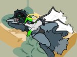 anthro bed bedroom big_feet bulge cuddling duo feathered_wings feathers feet female feral fluffy fluffy_hair fluffy_tail furniture hair halo machine male neck_tuft protogen_visor protogenized sleeping small_paws tail tuft wings ahw0nqusk unknown_artist protogen 4:3