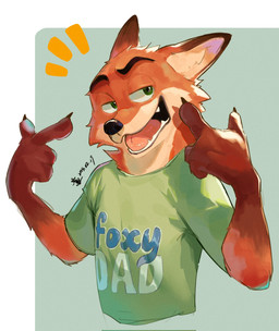 anthro clothing gesture green_clothing green_eyes green_shirt green_topwear hand_gesture happy male open_mouth pointing pointing_at_self shirt simple_background solo three-quarter_view topwear lan_stsriron disney zootopia nick_wilde canid canine fox mammal red_fox true_fox hi_res signature