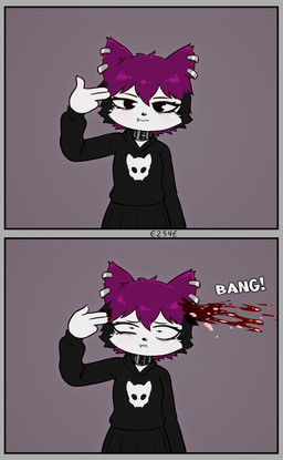 anthro blood bodily_fluids bone brain claws clothing collar constricted_pupils death dies_wide_open ear_piercing facial_piercing female female_death finger_claws finger_gun gesture gore hand_gesture hoodie killing lip_piercing organs perforating_wound piercing pupils skull small_pupils solo suicide topwear e254e veronica_(e254e) domestic_cat felid feline felis mammal absurd_res hi_res