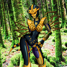 black_body black_eyes female forest gold_body machine multi_arm multi_limb not_furry plant smile solo standing tree nikku_lunatique hasbro takara_tomy transformers transformers:_beast_wars blackarachnia arachnid arthropod cybertronian predacon robot spider hi_res