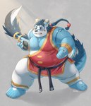 anthro blue_body blue_fur blush clothed clothing fur horn humanoid_hands kemono male moobs nipples overweight overweight_anthro overweight_male solo tail white_body white_fur aotoaka mythology bear dragon giant_panda hybrid mammal mythological_creature mythological_scalie scalie 2021 absurd_res hi_res