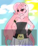 2014 alien alien_humanoid breasts cleavage clothed clothing dragon_ball female hair humanoid long_hair looking_at_viewer low_res majin majin_bu monster monster_girl_(genre) red_eyes smile solo tsunderepalette