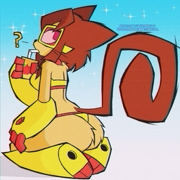 anthro big_breasts big_butt bikini biped breasts brown_ears brown_hair brown_tail butt clothed clothed_anthro clothed_female clothing female female_anthro hair juice_box question_mark solo swimwear tail text two-piece_swimsuit whiskers yellow_bikini yellow_clothing yellow_swimwear daxterado gameoverse glitch_productions kit_bodega domestic_cat felid feline felis mammal 1:1 url