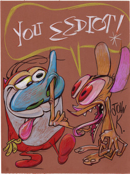 3_toes 4_fingers angry anthro big_nose blue_nose clothing creepy_face dialogue duo featureless_crotch featureless_feet feet finger_in_nose fingers gloves gloves_only hair handwear handwear_only insult male mostly_nude nude orange_background pink_sclera red_eyes sharp_teeth silly_face simple_background standing tan_body teeth text toes tongue tongue_out toony john_k nickelodeon ren_and_stimpy ren_höek stimpy_j._cat canid canine canis chihuahua domestic_cat domestic_dog felid feline felis mammal toy_dog 2020 artist_name english_text hi_res marker_(artwork) traditional_media_(artwork)
