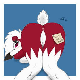 anthro anus blue_background blush breast_squish breasts butt clitoral_hood clitoris countershading female floppy_ears fur fur_markings genitals hair humanoid_genitalia interspecies looking_at_viewer lying markings nude on_front outline pink_eyes pink_sclera pink_vulva pokemorph pokephilia post-it_note presenting presenting_anus presenting_hindquarters presenting_vulva red_body red_fur short_tail simple_background solo squish tail thick_thighs tuft vulva white_body white_countershading white_fur white_hair wide_hips echotastrophe nintendo pokemon canid generation_7_pokemon lycanroc mammal midnight_lycanroc pokemon_(species) 1:1 2025 hi_res shaded signature simple_shading