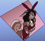 ambiguous_gender anthro bunny_costume clothed clothing comic_panel costume fake_ears fake_rabbit_ears flat_chested fur hair holidays lingerie looking_at_viewer open_mouth simple_background smile solo tail marshbreeze easter canid canine fox mammal digital_media_(artwork) half-length_portrait hi_res portrait