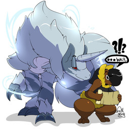 ambiguous_gender anthro bodily_fluids dialogue duo electricity electrogenesis feral fur horn interrobang speech_bubble sweat text kingbeast capcom monster_hunter bear elder_dragon equid kirin_(mh) mammal 1:1 2018 english_text hi_res signature
