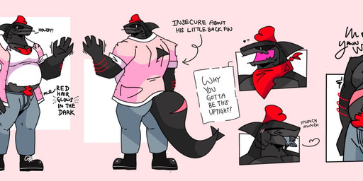 4_fingers abdominal_scar anthro arm_scar biped black_body black_clothing black_countershading black_footwear black_sclera black_shoes blue_bottomwear blue_clothing blue_pants bottomwear chest_scar closed_smile clothed clothed_anthro clothed_male clothing color_swatch countershade_face countershade_neck countershade_torso countershading directional_arrow dorsal_fin eating eating_food eyes_closed fin fingers fish_tail flesh_fang food_in_mouth footwear front_view fully_clothed fully_clothed_anthro fully_clothed_male gesture gills hair hand_behind_back head_fin heart_symbol jacket looking_at_viewer looking_back looking_back_at_viewer male motion_lines mouth_closed musclegut muscular neck_gills object_in_mouth onomatopoeia open_clothing open_jacket open_mouth open_smile open_topwear pants pink_background pink_clothing pink_jacket pink_scar pink_topwear plantigrade pose pupils rear_view red_hair red_scarf scar scarf shirt shoes simple_background slit_pupils smile smiling_at_viewer snout solo sound_effects speech_bubble tail tail_scar talking_to_viewer text topless topless_anthro topless_male topwear tremble_spikes waving waving_at_viewer white_clothing white_eyes white_shirt white_topwear yawn skykdotidot aquatic bull_shark carcharhinus fish requiem_shark shark 2024 artist_name bust_portrait character_name digital_drawing_(artwork) digital_media_(artwork) english_text full-length_portrait hi_res model_sheet portrait three-quarter_portrait