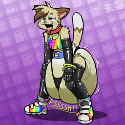 abstract_background anthro armwear big_diaper biped bodily_fluids bracelet brown_body brown_fur clothed clothing collar diaper footwear fur genital_fluids jewelry latex latex_armwear latex_clothing latex_legwear latex_thigh_highs legwear male markings multicolored_body multicolored_clothing multicolored_footwear multicolored_fur multicolored_shirt multicolored_shoes multicolored_tank_top multicolored_topwear open_mouth open_smile peeing pooping purple_background rainbow_clothing rainbow_footwear rainbow_shirt rainbow_shoes rainbow_tank_top rainbow_topwear raised_tail red_collar sagging_diaper sharp_teeth shirt shoes simple_background smile soiled_diaper solo sound_effects striped_markings striped_tail stripes tail tail_markings tan_body tan_fur tank_top teeth text thigh_highs tight_clothing tongue tongue_out toony topwear unclean_diaper urine used_diaper using_diaper wearing_diaper wet_diaper wetting wetting_diaper ritzcat ritz_(ritzcat) domestic_cat felid feline felis mammal 1:1 2026 digital_media_(artwork) hi_res signature