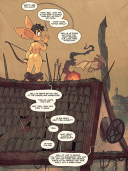 ambiguous_gender arm_scar arrow_(weapon) back_scar big_ears black_hair bottomwear bottomwear_down bow_(weapon) breath_powers building city clothed clothing dialogue duo elemental_manipulation fire fire_breathing fire_manipulation greeting hair humanoid_pointy_ears male membrane_(anatomy) membranous_wings not_furry_focus notched_ear offscreen_character on_roof pants pants_down partially_clothed pointy_ears profanity ranged_weapon red_body scar solo_focus speech_bubble standing text tower weapon wings yellow_body yellow_eyes rapscallion mythology grift_(rapscallion) dragon goblin humanoid mythological_creature mythological_scalie scalie 2025 english_text hi_res