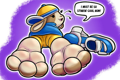 3_toes anthro black_eyes countershade_feet countershading dialogue dot_eyes feet female foot_fetish foot_focus fur looking_back lying on_front shoes_removed simple_background simple_eyes solo speech_bubble tan_body tan_fur text toes baggy_(artist) how_to_be_cool peeb_(piemations) lagomorph leporid mammal rabbit 3:2 hi_res