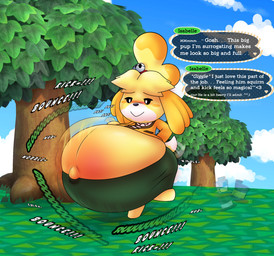 accessory anthro bell bell_accessory belly belly_blush big_belly black_nose black_sclera blonde_hair blue_sky blush body_blush bottomwear clothing cloud dialogue dipstick_tail female grass green_bottomwear green_clothing green_skirt hair hair_accessory hairband hand_on_belly hand_on_own_belly huge_belly hyper hyper_belly hyper_pregnancy logo looking_at_belly looking_at_own_belly looking_down looking_down_at_self markings motion_blur motion_lines navel onomatopoeia outie_navel outside patting patting_belly plant pregnant pregnant_anthro pregnant_female red_hairband rumbling_stomach skirt sky smile solo sound_effects speech_bubble tail tail_markings tail_motion tailwag text tight_clothing topwear tree vest white_eyes white_tail_tip yellow_body yellow_clothing yellow_ears yellow_tail yellow_topwear yellow_vest fancy_blue animal_crossing nintendo isabelle_(animal_crossing) canid canine canis domestic_dog mammal shih_tzu toy_dog 2026 absurd_res artist_logo colored digital_media_(artwork) english_text hi_res shaded