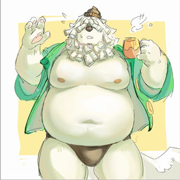 anthro beanie belly briefs bulge clothing container cup fur hair hair_over_eye hat headgear headwear male moobs mug navel nipples overweight pawpads solo underwear white_body white_fur guoke0226 mihoyo petit_planet mobai_(petit_planet) canid canine canis domestic_dog herding_dog mammal pastoral_dog sheepdog hi_res
