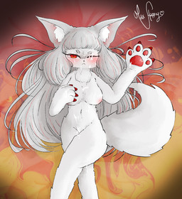 anthro bed bodily_fluids breasts cum cum_on_body cum_on_breasts cum_on_eye cum_on_face embarrassed female fur furniture genital_fluids hair long_hair on_bed pawpads red_eyes solo tail white_body white_fur maxhappy angry_fox_(maxhappy) canid canine fox mammal absurd_res hi_res
