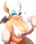 anthro bat big_breasts blue_eyes bodily_fluids breasts cleavage clothed clothing cum cum_in_a_cup cum_in_container cum_on_breasts curvy_figure donaught english_text female fur genital_fluids gloves handwear heart_symbol hi_res hooters huge_breasts looking_at_viewer mammal partially_clothed rouge_the_bat sega shirt simple_background smile solo sonic_the_hedgehog_(series) stray_pubes straydog tank_top text text_on_clothing text_on_shirt text_on_tank_top text_on_topwear tongue tongue_out topwear voluptuous wings