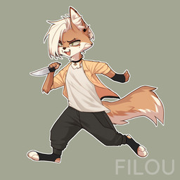 action_pose anthro asymmetrical_hair bangs big_tail black_bottomwear black_clothing black_footwear black_pants black_socks bottomwear chibi choker clothed clothing collar digitigrade ear_piercing fangs female flower_pendant fluffy fluffy_tail footwear fur green_eyes hair jacket jewelry long_bangs necklace open_clothing open_shirt open_topwear orange_body orange_fur pants pawpads piercing pose running shirt short_hair short_sleeves simple_background snarling socks solo sticker tail teeth telegram_sticker topwear white_body white_fur filoubee filou canid canine fox mammal 1:1 digital_media_(artwork) full-length_portrait hi_res portrait