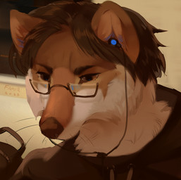 ambiguous_gender anthro brown_clothing brown_eyes brown_hair brown_nose brown_topwear cheek_tuft clothing eyewear facial_tuft fur glasses hair orange_body orange_ears orange_fur rectangular_glasses solo topwear tuft wearing_glasses white_body white_fur famir canid canine canis mammal wolf 2023 bust_portrait dated portrait signature male_(lore)
